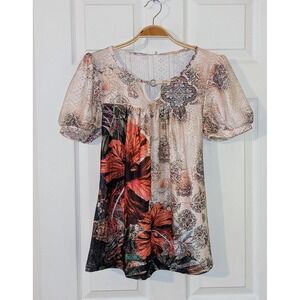 Soesdemo Floral Print‎ Blouse Keyhole Neckline Puff Sleeve Top Size S NWT